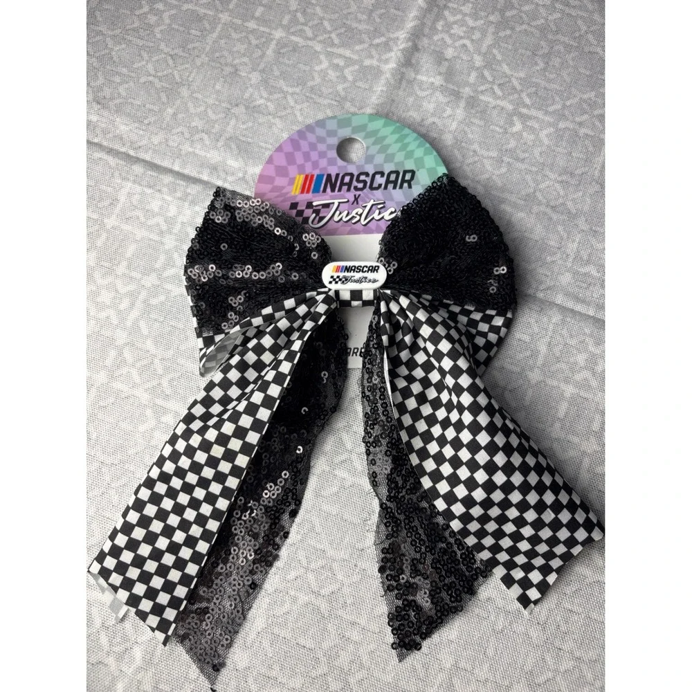 Justice NASCAR Hair Bow Girls Black White Checkered Sequin Barrette Racingcore